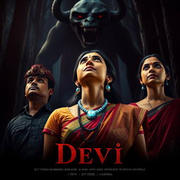 A captivating film poster titled 'Devi', featuring a stunning 30-year-old unmarried Indian woman wearing a beautifully colored saari and blouse