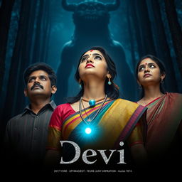 A captivating film poster titled 'Devi', featuring a stunning 30-year-old unmarried Indian woman wearing a beautifully colored saari and blouse