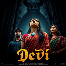 A captivating film poster titled 'Devi', featuring a stunning 30-year-old unmarried Indian woman wearing a beautifully colored saari and blouse