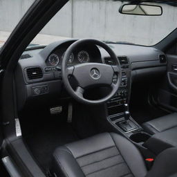 A modern, sleek and luxurious interior of a Mercedes-Benz 190e, featuring advanced technology, carbon fiber accents, and high-grade leather upholstery.