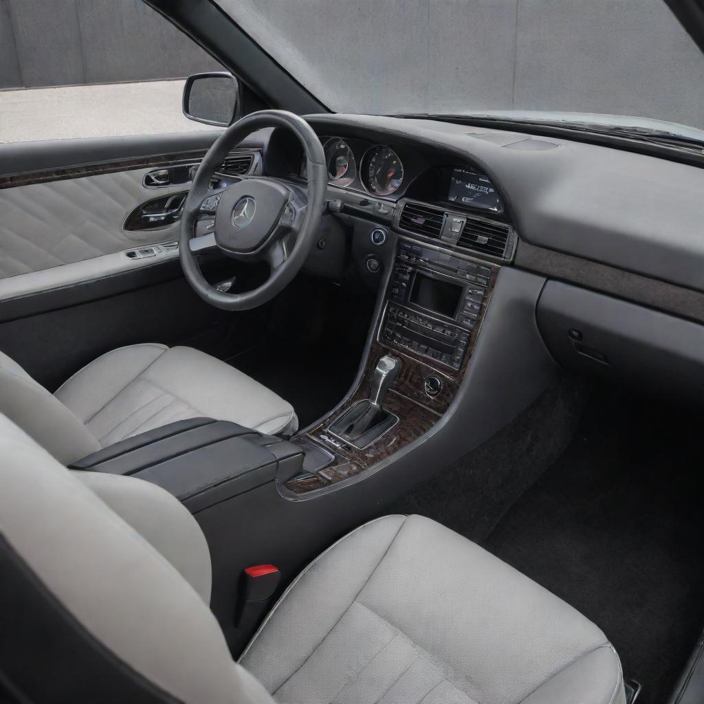 A modern, sleek and luxurious interior of a Mercedes-Benz 190e, featuring advanced technology, carbon fiber accents, and high-grade leather upholstery.