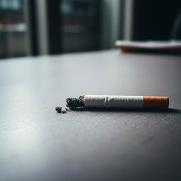 A close-up view of a gray table surface, showcasing a cigarette that has been put out, leaving behind a slight ash residue