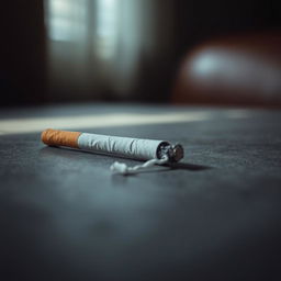 A close-up view of a gray table surface, showcasing a cigarette that has been put out, leaving behind a slight ash residue