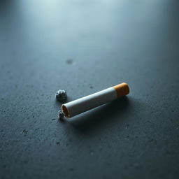 A close-up view of a gray table surface, showcasing a cigarette that has been put out, leaving behind a slight ash residue