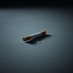 A close-up view of a gray table surface, showcasing a cigarette that has been put out, leaving behind a slight ash residue