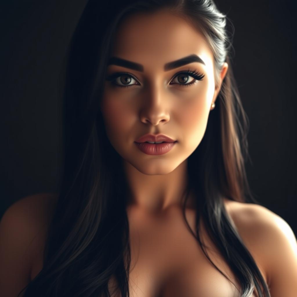 A bold and artistic portrait featuring a woman with a beautiful face and long black hair, positioned directly in front of the camera, creating an intimate and engaging connection