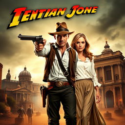 A dynamic movie poster for an action-adventure film set in Spain in 1914, featuring an adventurous male hero in the style of Indiana Jones, holding a vintage pistol, showcasing bravery and rugged charm