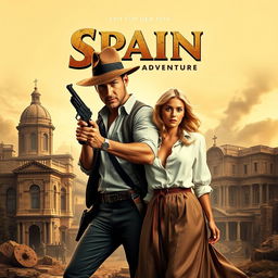 A dynamic movie poster for an action-adventure film set in Spain in 1914, featuring an adventurous male hero in the style of Indiana Jones, holding a vintage pistol, showcasing bravery and rugged charm