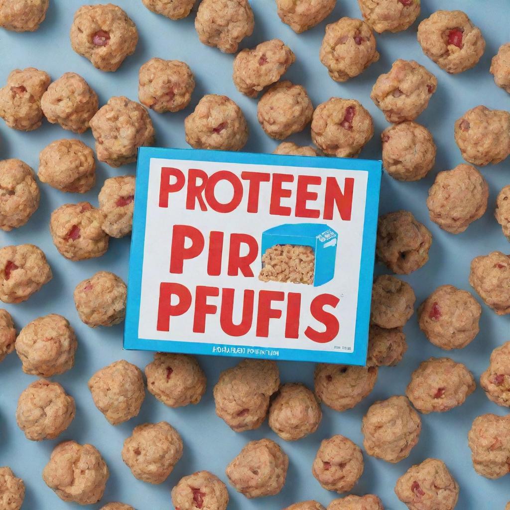 A eye-catching blue box of cereal with the title 'Protein Puffs' in bold red letters encased in a clean white border.