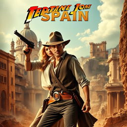 A dynamic movie poster for an action-adventure film set in Spain in 1914, featuring an adventurous male hero in the style of Indiana Jones, holding a vintage pistol, showcasing bravery and rugged charm