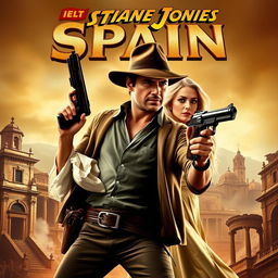 A dynamic movie poster for an action-adventure film set in Spain in 1914, featuring an adventurous male hero in the style of Indiana Jones, holding a vintage pistol, showcasing bravery and rugged charm