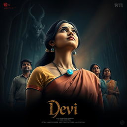 A captivating film poster titled 'Devi', depicting a stunning 30-year-old unmarried Indian woman dressed in an elegant saari and blouse