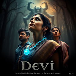 A captivating film poster titled 'Devi', depicting a stunning 30-year-old unmarried Indian woman dressed in an elegant saari and blouse