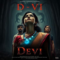 A captivating film poster titled 'Devi', depicting a stunning 30-year-old unmarried Indian woman dressed in an elegant saari and blouse