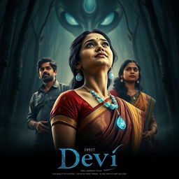 A captivating film poster titled 'Devi', depicting a stunning 30-year-old unmarried Indian woman dressed in an elegant saari and blouse