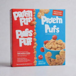 A eye-catching blue box of cereal with the title 'Protein Puffs' in bold red letters encased in a clean white border.