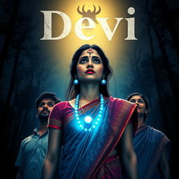 A stunning film poster titled 'Devi', showcasing a beautiful 30-year-old unmarried Indian woman adorned in a vibrant saari and blouse