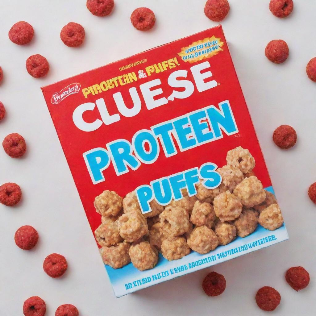 A eye-catching blue box of cereal with the title 'Protein Puffs' in bold red letters encased in a clean white border.