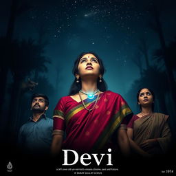 A stunning film poster titled 'Devi', showcasing a beautiful 30-year-old unmarried Indian woman adorned in a vibrant saari and blouse