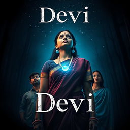 A stunning film poster titled 'Devi', showcasing a beautiful 30-year-old unmarried Indian woman adorned in a vibrant saari and blouse