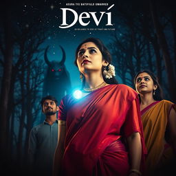 A stunning film poster titled 'Devi', showcasing a beautiful 30-year-old unmarried Indian woman adorned in a vibrant saari and blouse