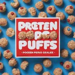 A eye-catching blue box of cereal with the title 'Protein Puffs' in bold red letters encased in a clean white border.