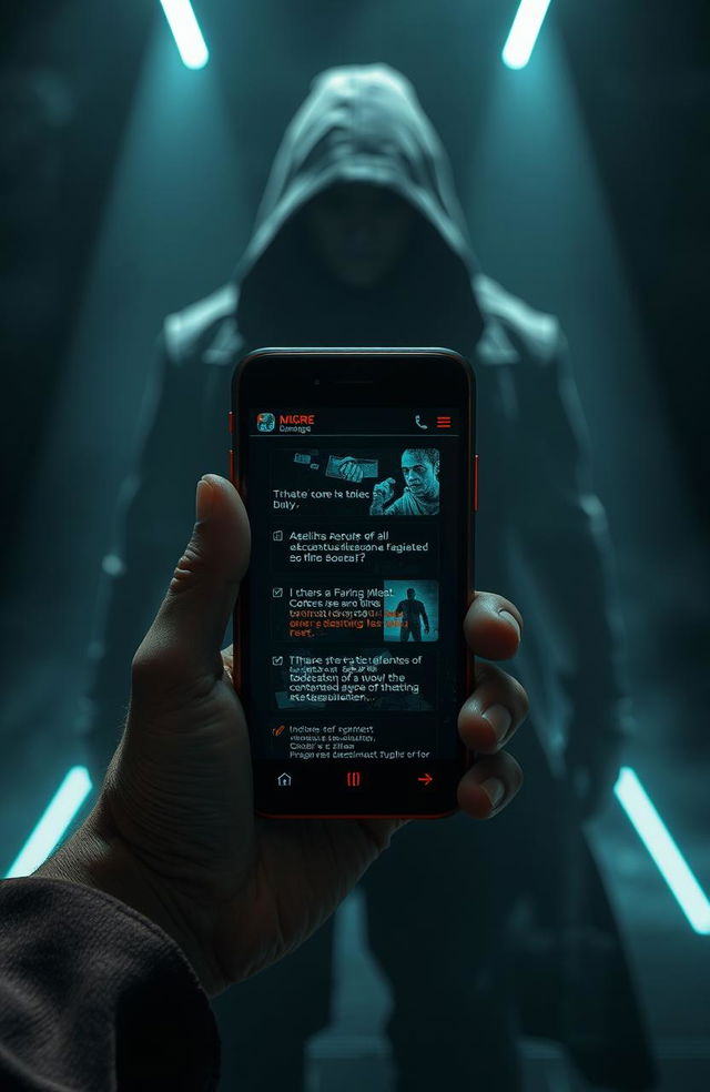 A dark and suspenseful scene depicting a futuristic smartphone app interface that appears menacing and dangerous