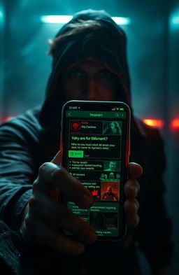 A dark and suspenseful scene depicting a futuristic smartphone app interface that appears menacing and dangerous