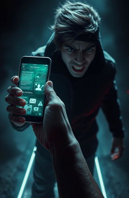 A dark and suspenseful scene depicting a futuristic smartphone app interface that appears menacing and dangerous