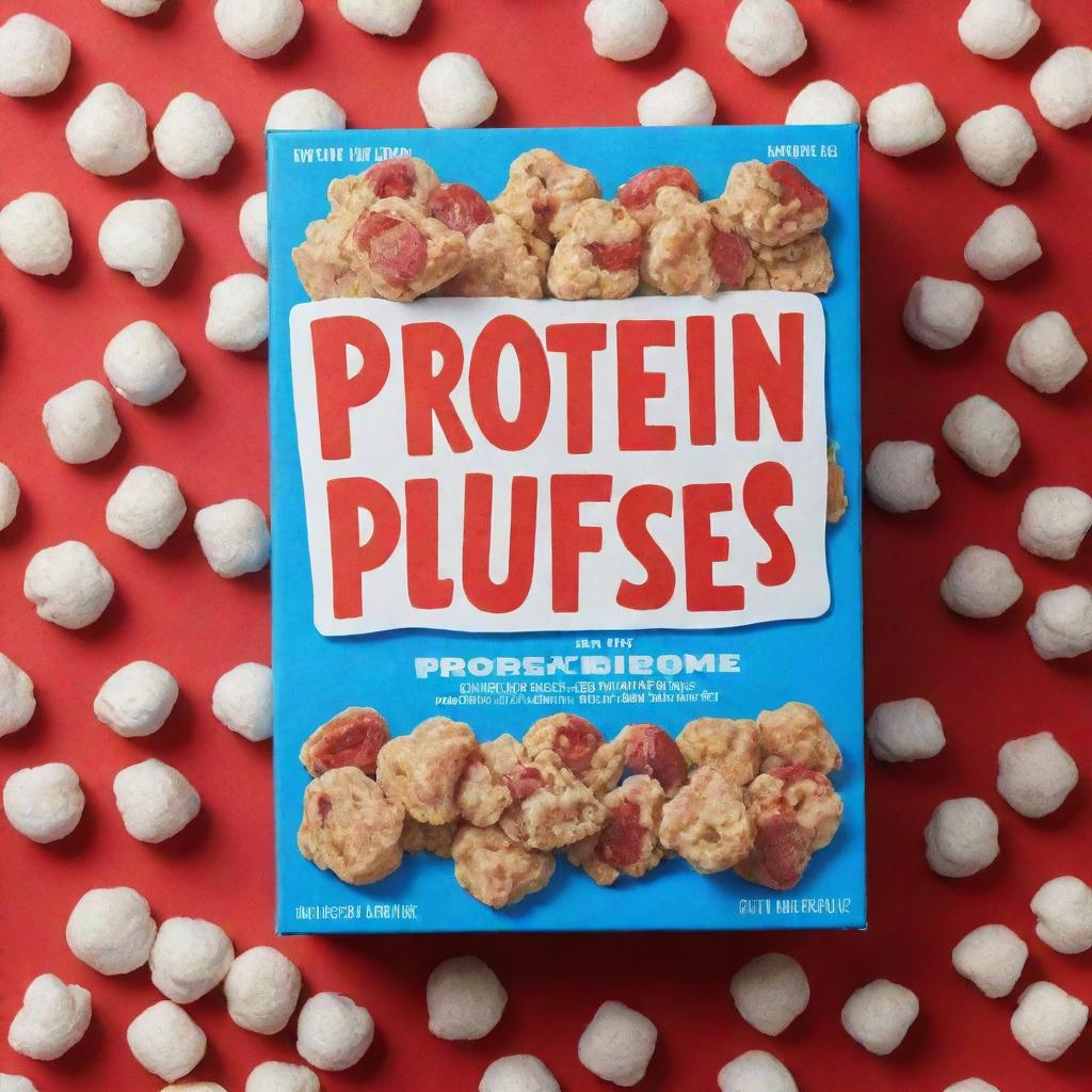 A vibrant blue box of cereal with the title 'Protein Puffs' displayed in bold red letters encased in a white border.