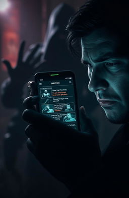 A dark and suspenseful scene depicting a futuristic smartphone app interface that appears menacing and dangerous