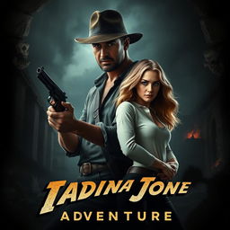 A dark-themed movie poster for an action-adventure film, featuring an Indiana Jones-style male hero with a rugged look, gripping a vintage pistol, surrounded by shadows and intrigue