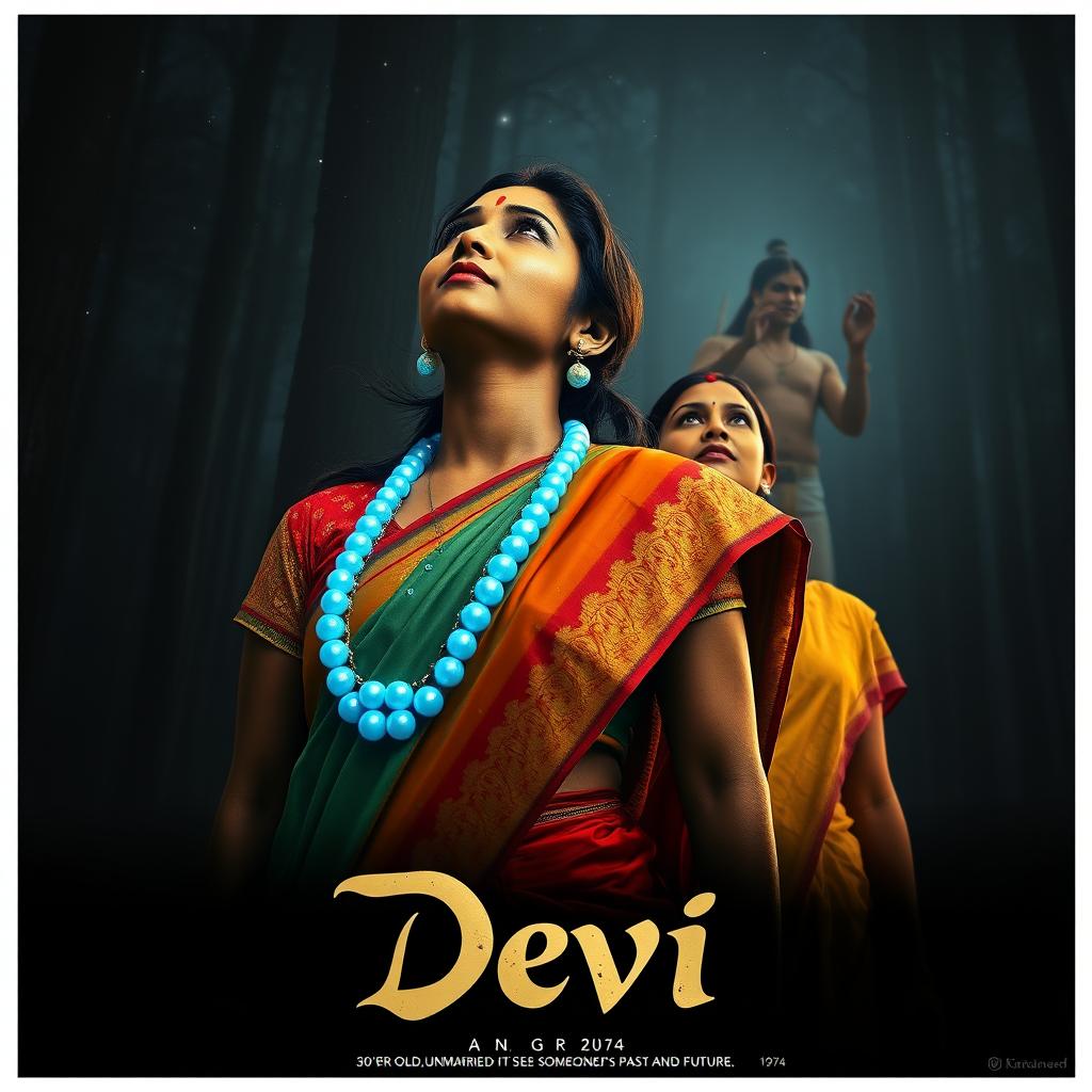 An enchanting film poster titled 'Devi', featuring a beautiful 30-year-old unmarried Indian woman clad in a vibrant saari and blouse