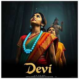 An enchanting film poster titled 'Devi', featuring a beautiful 30-year-old unmarried Indian woman clad in a vibrant saari and blouse