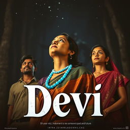 An enchanting film poster titled 'Devi', featuring a beautiful 30-year-old unmarried Indian woman clad in a vibrant saari and blouse