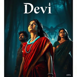 An enchanting film poster titled 'Devi', featuring a beautiful 30-year-old unmarried Indian woman clad in a vibrant saari and blouse