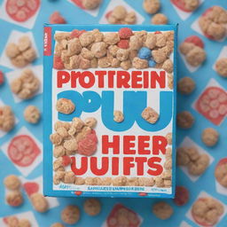 A vibrant blue box of cereal with the title 'Protein Puffs' displayed in bold red letters encased in a white border.