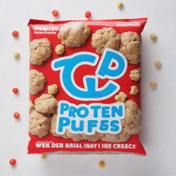 A vibrant blue box of cereal with the title 'Protein Puffs' displayed in bold red letters encased in a white border.