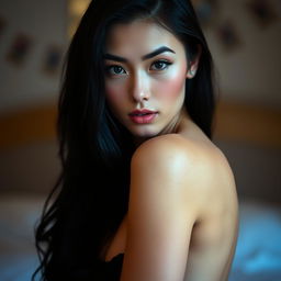 An artistic and striking portrait of a woman with a beautiful face and long black hair, posed directly in front of the camera to create an engaging and intimate connection