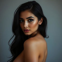 An artistic and striking portrait of a woman with a beautiful face and long black hair, posed directly in front of the camera to create an engaging and intimate connection