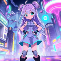 A vibrant anime girl character with large, expressive teal eyes and long, flowing lavender hair styled in a playful bun with loose strands framing her face