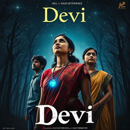 An enchanting film poster titled 'Devi', showcasing a beautiful 30-year-old unmarried Indian woman in a vibrant saari and blouse