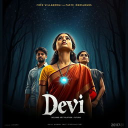 An enchanting film poster titled 'Devi', showcasing a beautiful 30-year-old unmarried Indian woman in a vibrant saari and blouse