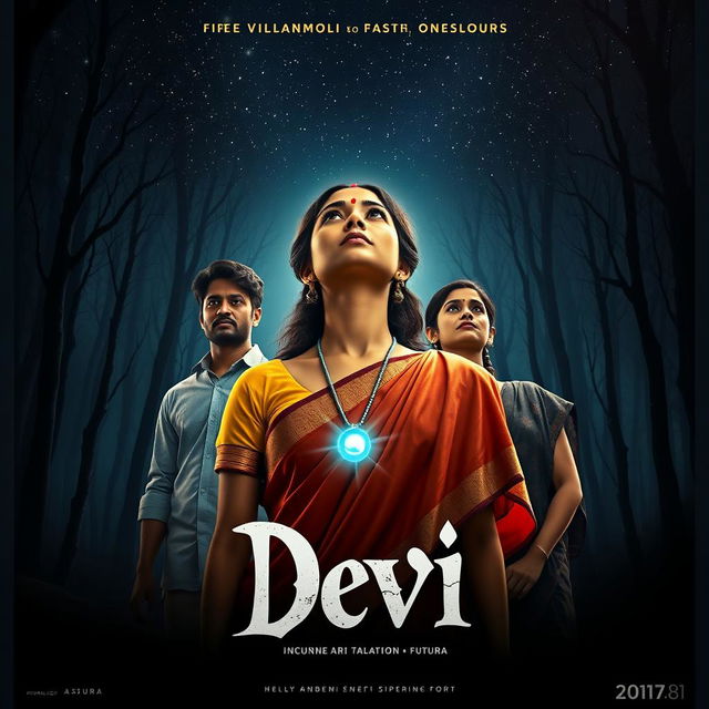 An enchanting film poster titled 'Devi', showcasing a beautiful 30-year-old unmarried Indian woman in a vibrant saari and blouse