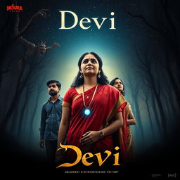 An enchanting film poster titled 'Devi', showcasing a beautiful 30-year-old unmarried Indian woman in a vibrant saari and blouse