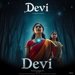 An enchanting film poster titled 'Devi', showcasing a beautiful 30-year-old unmarried Indian woman in a vibrant saari and blouse