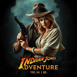 An intriguing movie poster for a dark style action-adventure film, featuring an Indiana Jones-style male hero, rugged and charismatic, clutching a vintage pistol with a look of determination