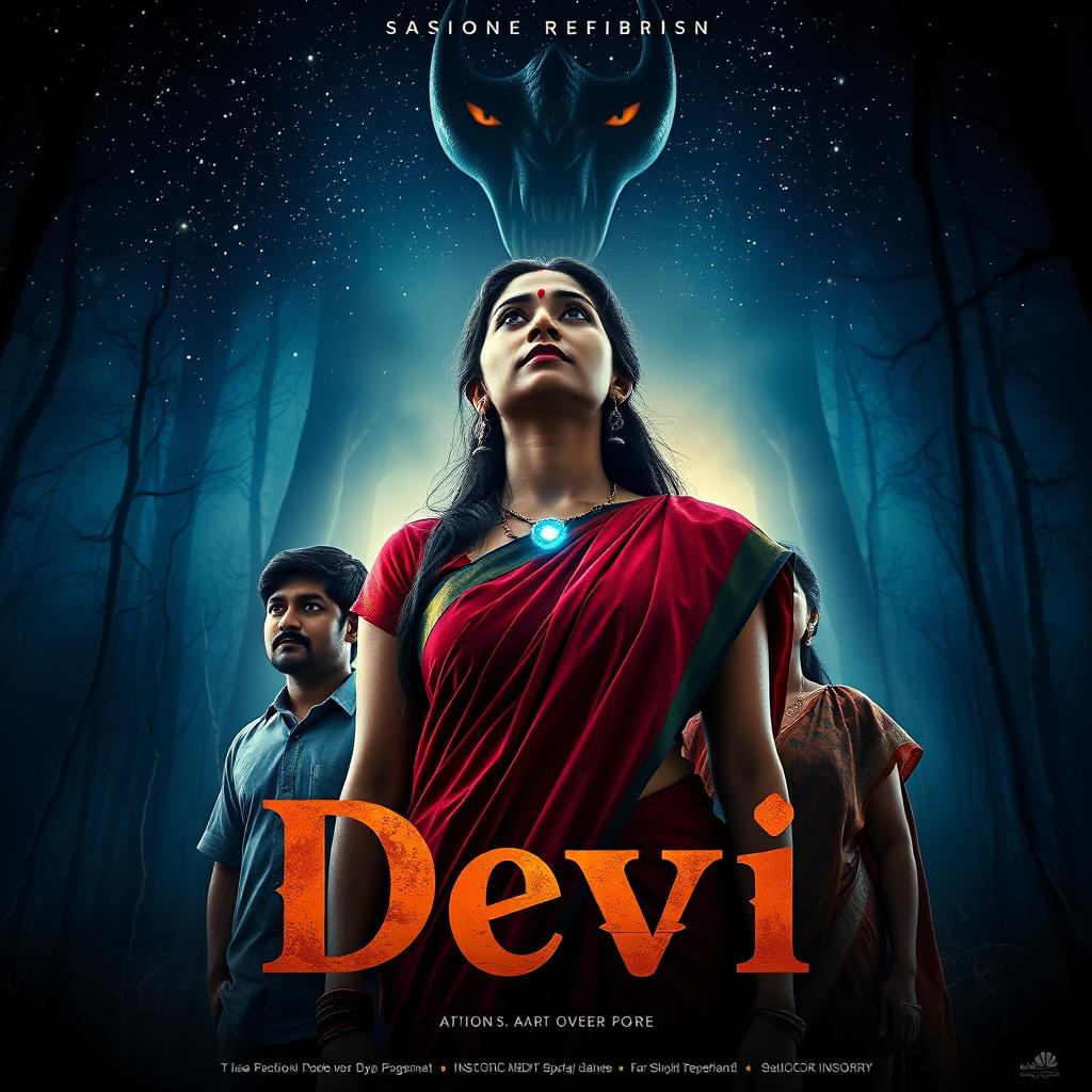 A captivating film poster titled 'Devi', highlighting a stunning 30-year-old unmarried Indian woman dressed in a vivid saari and blouse