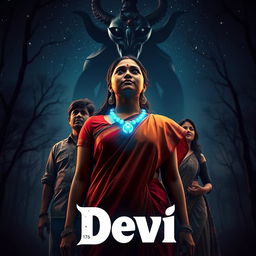 A captivating film poster titled 'Devi', highlighting a stunning 30-year-old unmarried Indian woman dressed in a vivid saari and blouse