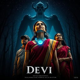 A captivating film poster titled 'Devi', highlighting a stunning 30-year-old unmarried Indian woman dressed in a vivid saari and blouse